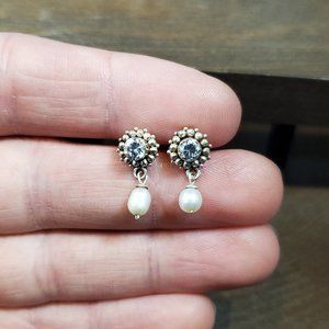 925 Sterling Silver CZ And Small Pearl Tarnished Dangle Earrings
